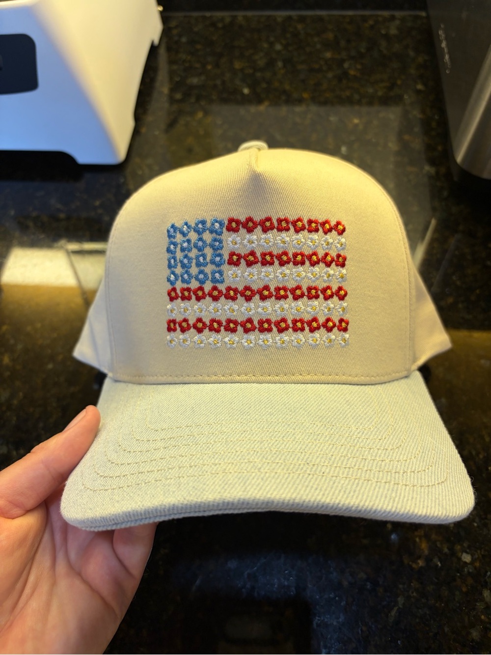 Cream Baseball Cap with Embroidered American Flag